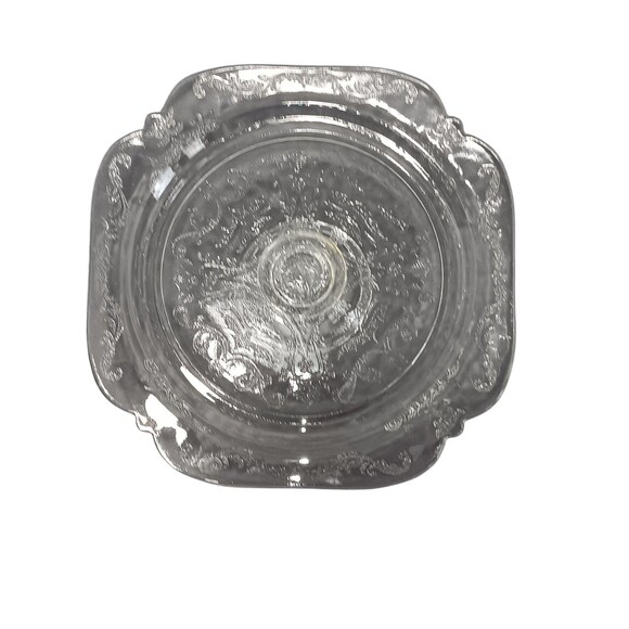 Vintage Depression Glass Cake Stand Clear Etched Square Pedestal Plate, 1930s - Picture 7 of 7